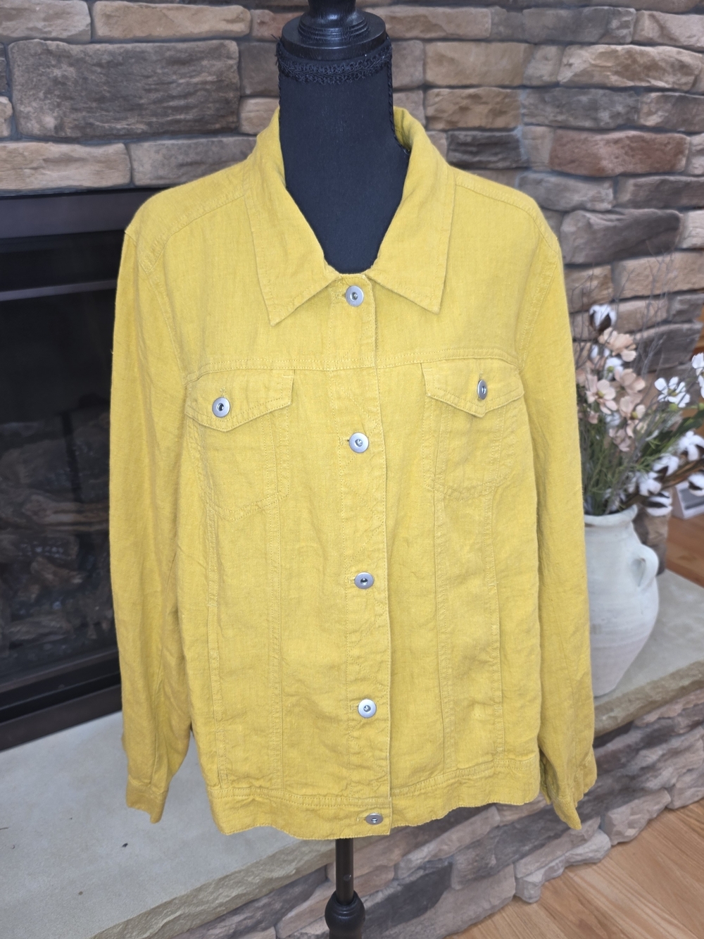 J. Jill Mustard Yellow Button-Front 100% Linen Jacket Size 1X